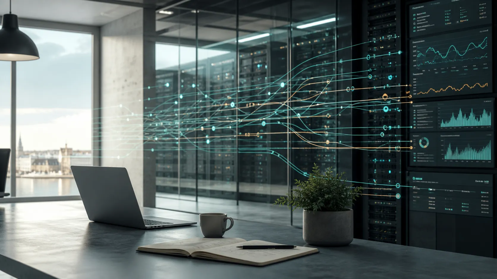 A calm engineering workspace with resilient data systems and pipelines visualized across displays.